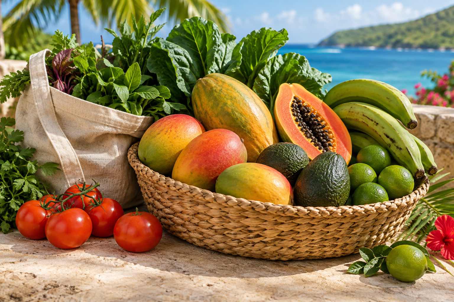 A colorful selection of fresh tropical fruit and vegetables
